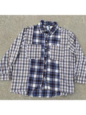 Grace Karma Color Block Plaid Flannel Shirt Brown Blue Oversized Boxy 1X